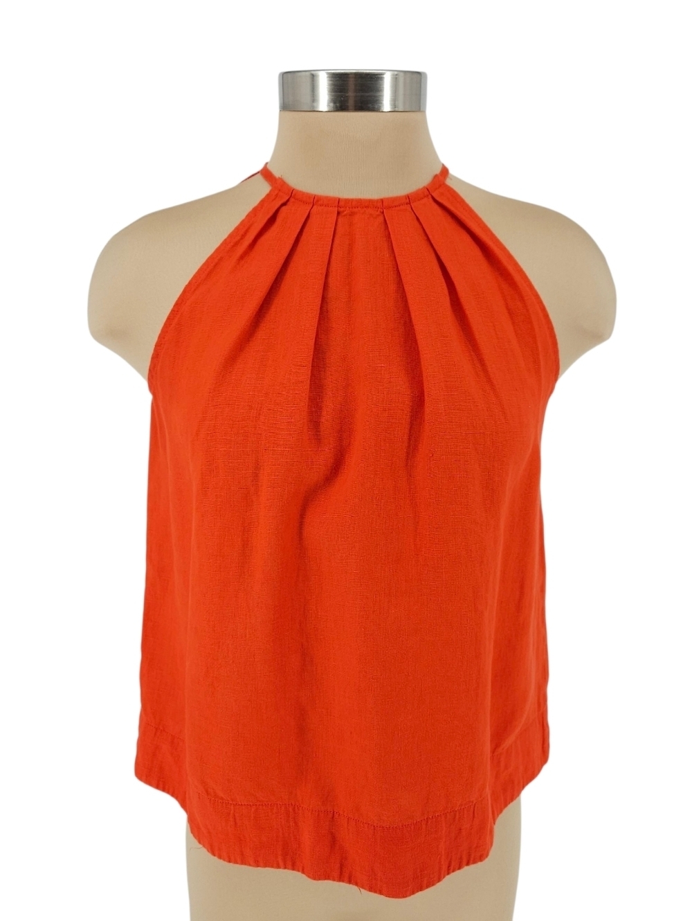 Ann Taylor Tank Top Linen Orange Sleeveless Pleated Button Halter Shirt XS